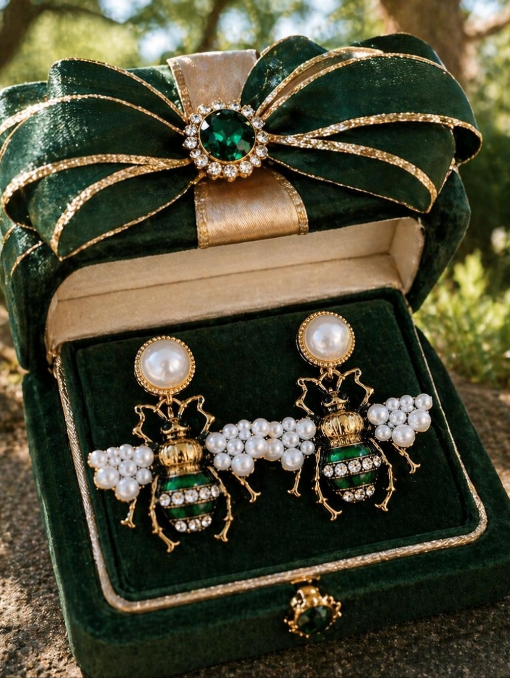 Gold Bee Earrings with Green Enamel and White Pearls - Picture 2 of 5